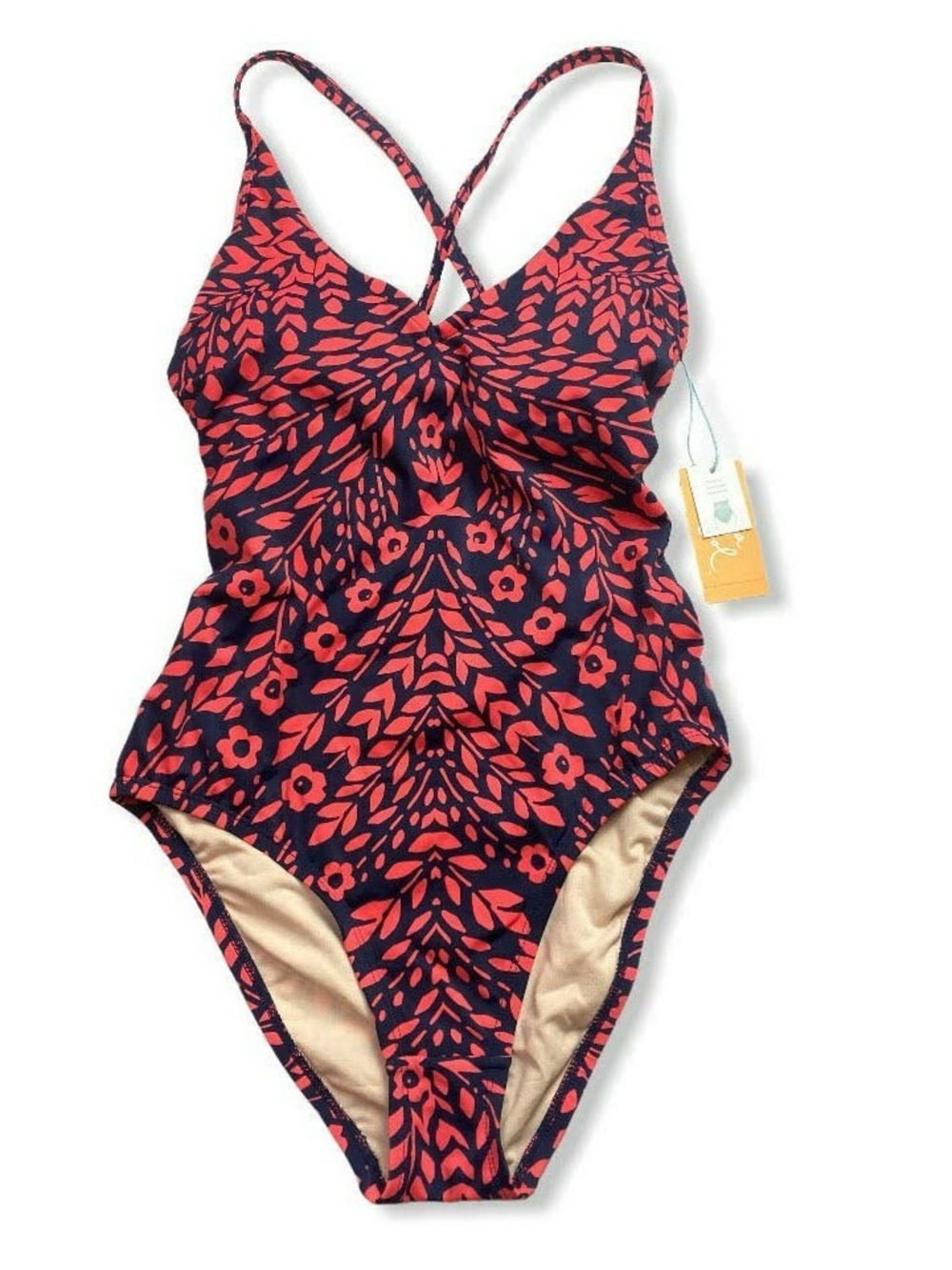 NWT Kona Sol Women's Scoop Back One Piece Swimsuit - Navy Pink Floral Size M